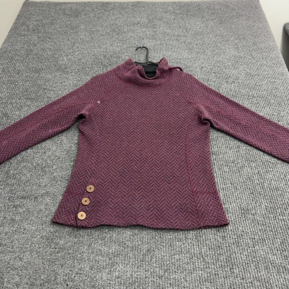 prAna Pullover Womens M Purple Wool Blend Herringbone Mock Neck Button Outdoor